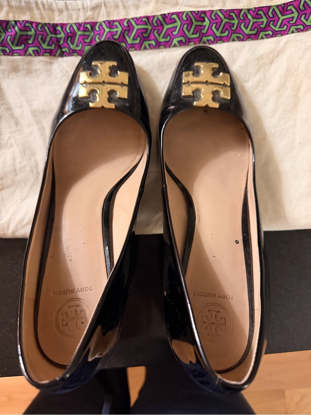 Tory Burch Black Patent Leather Logo Ballet Flats with Gold Emblem